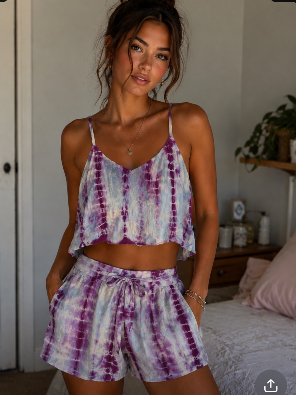 Angie Tie-Dye Lavender & White Spaghetti Strap Boho Crop top & shorts Set EUC